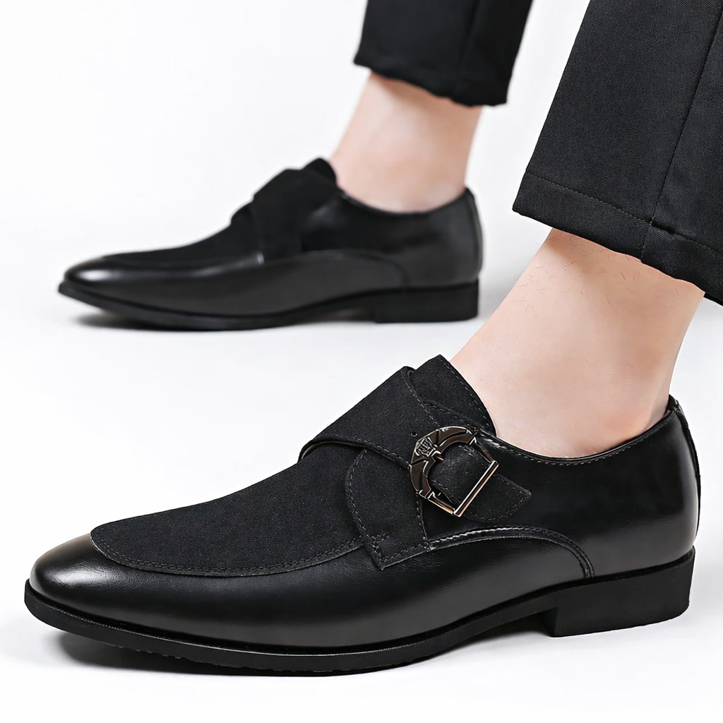 Men's brown monk strap shoes with a refined strap buckle and clean structured silhouette
