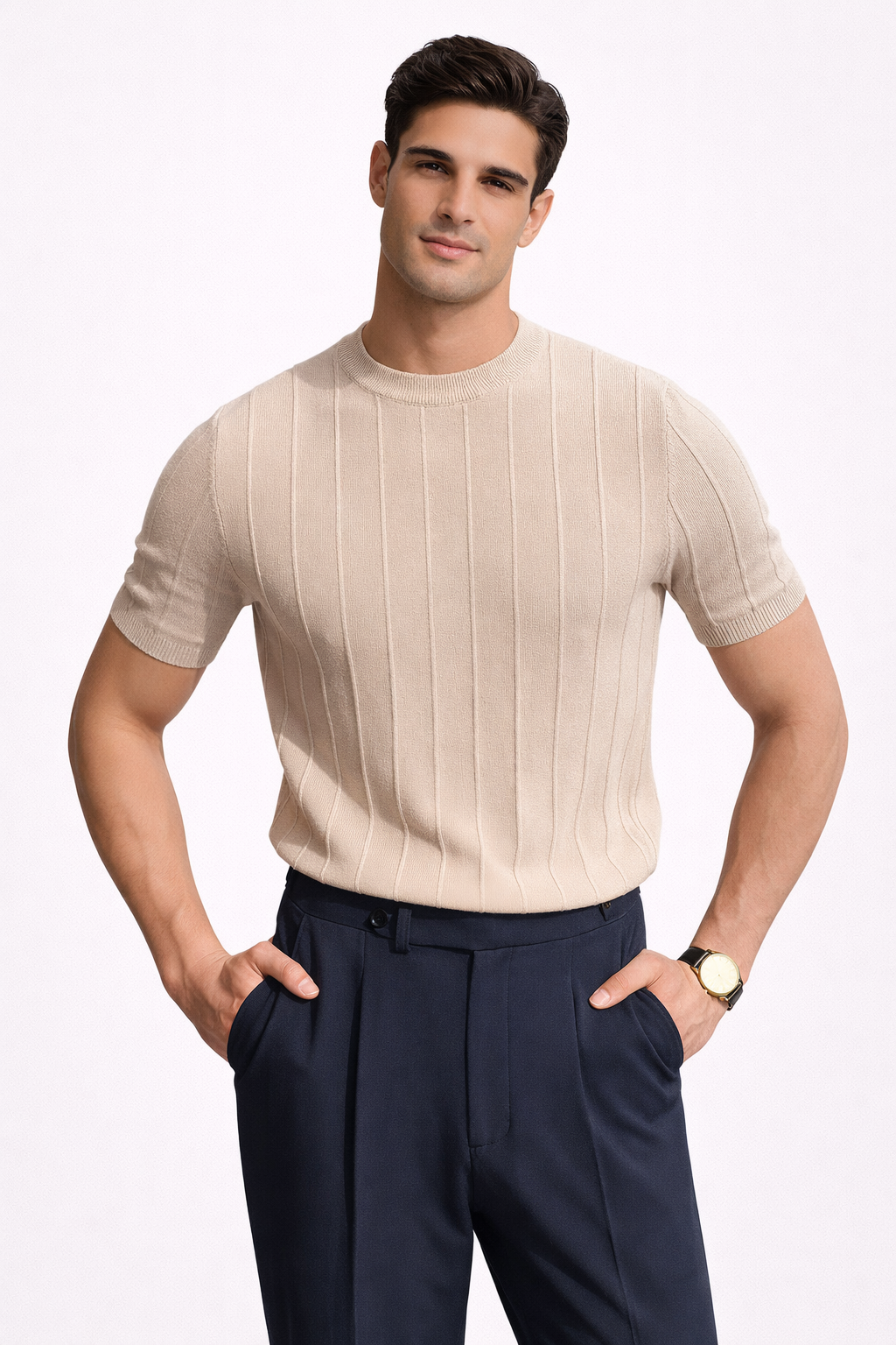Men's beige premium structured tee with a clean, refined silhouette