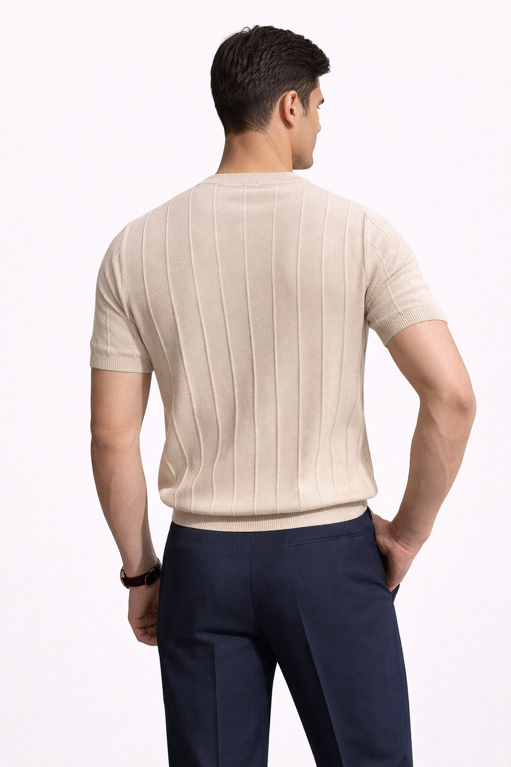 Men's beige premium structured tee with a clean, refined silhouette