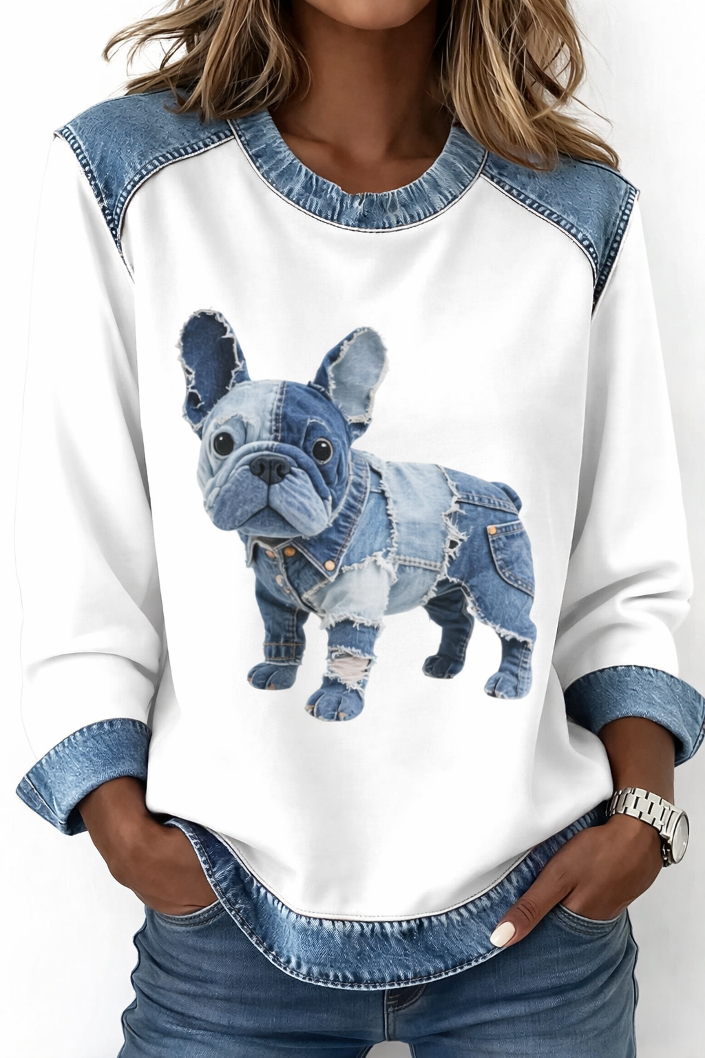 Women's sweatshirt with a bold detailed dog print on a clean background