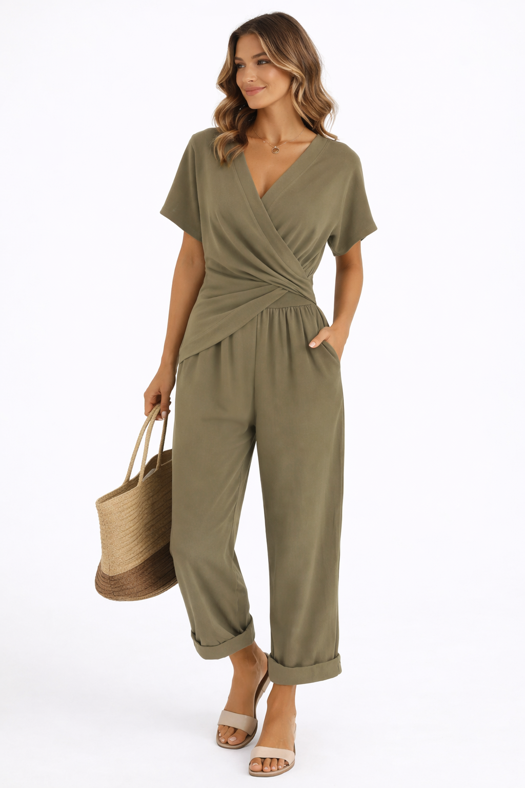 Women's beige wrap crossover co-ord set with a cinched waist and floaty drape