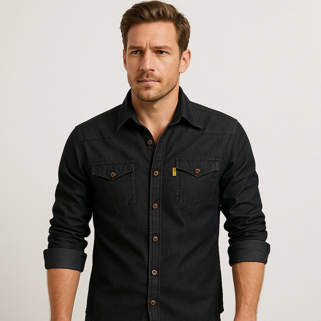 Men's slim-fit washed-blue shirt in dark navy with clean collar and structured silhouette