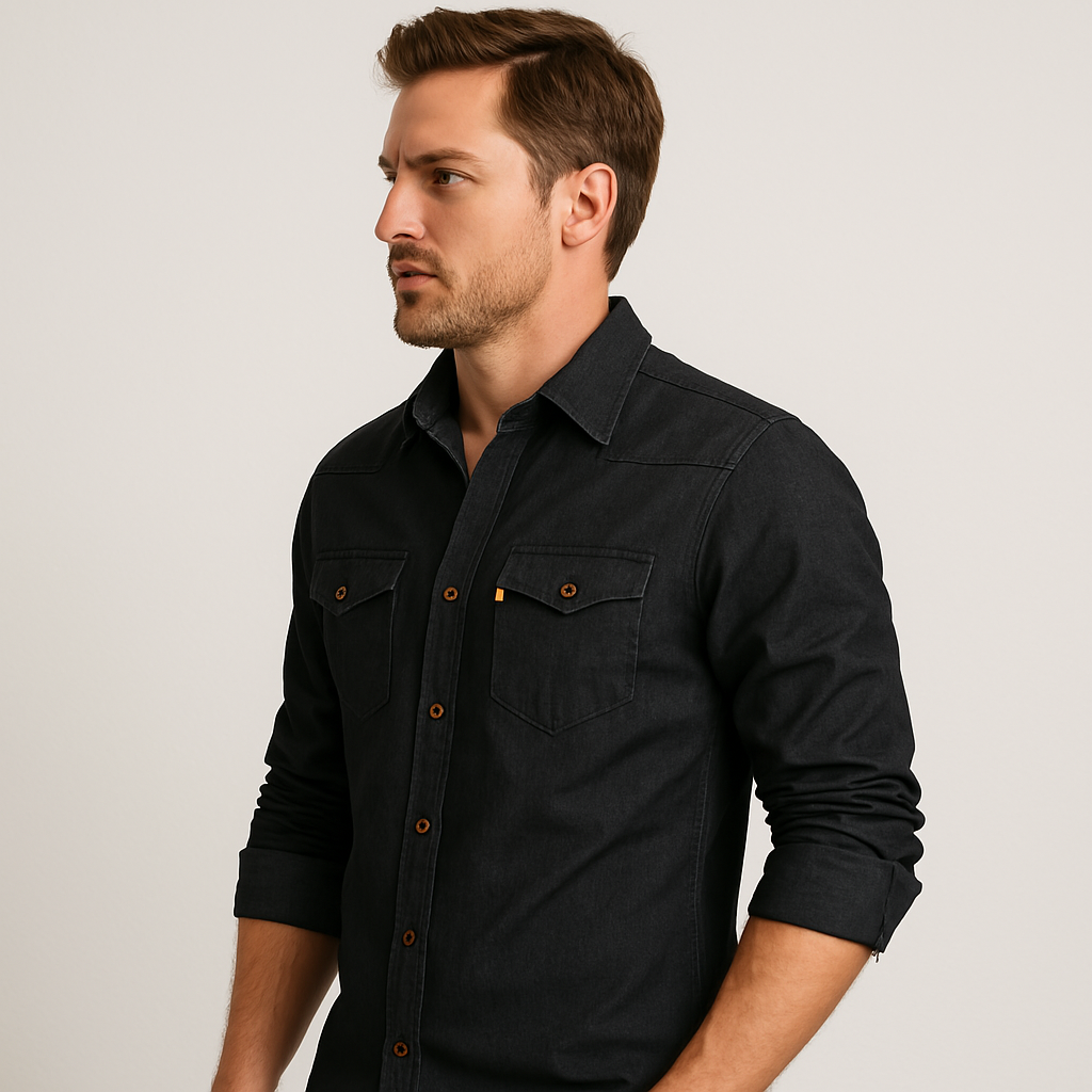 Men's slim-fit casual shirt in dark navy with a clean, structured silhouette