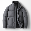 Men's grey structured quilted jacket with high collar and clean urban silhouette
