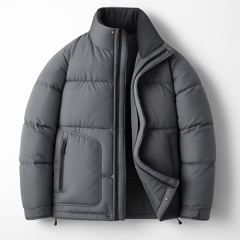 Men's grey structured quilted jacket with high collar and clean urban silhouette