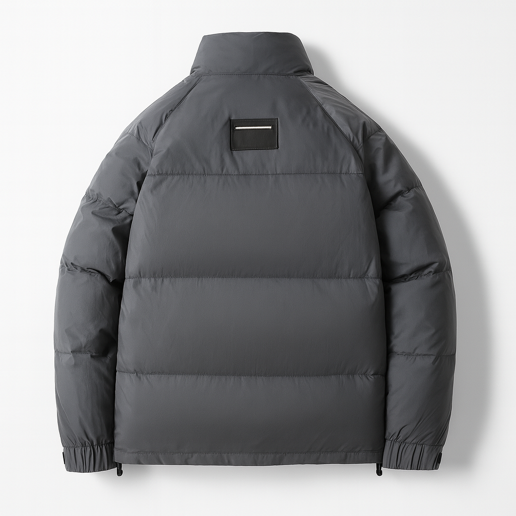 Men's grey structured quilted jacket with high collar and clean urban silhouette
