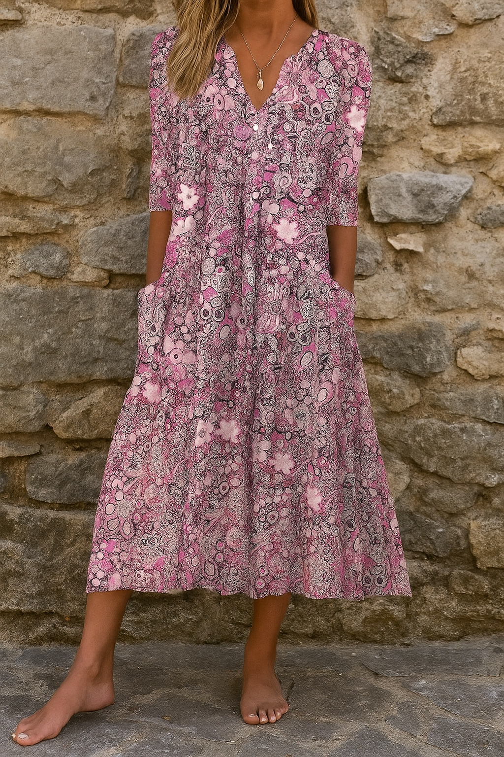 Woman wearing the Laura elegant V-neck dress with three-quarter sleeves, walking through a city street.