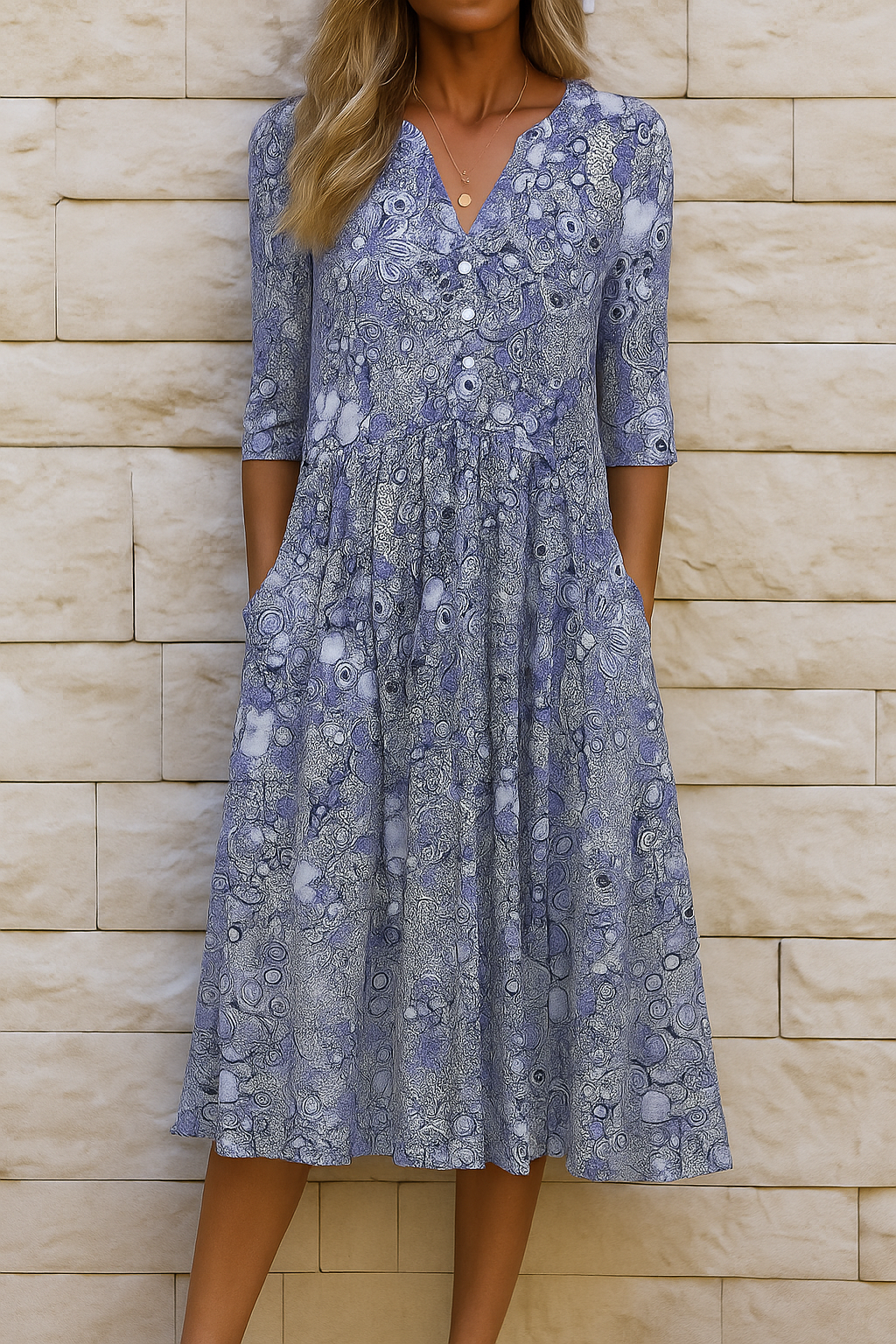 Woman wearing the Laura elegant V-neck dress with three-quarter sleeves, walking through a city street.