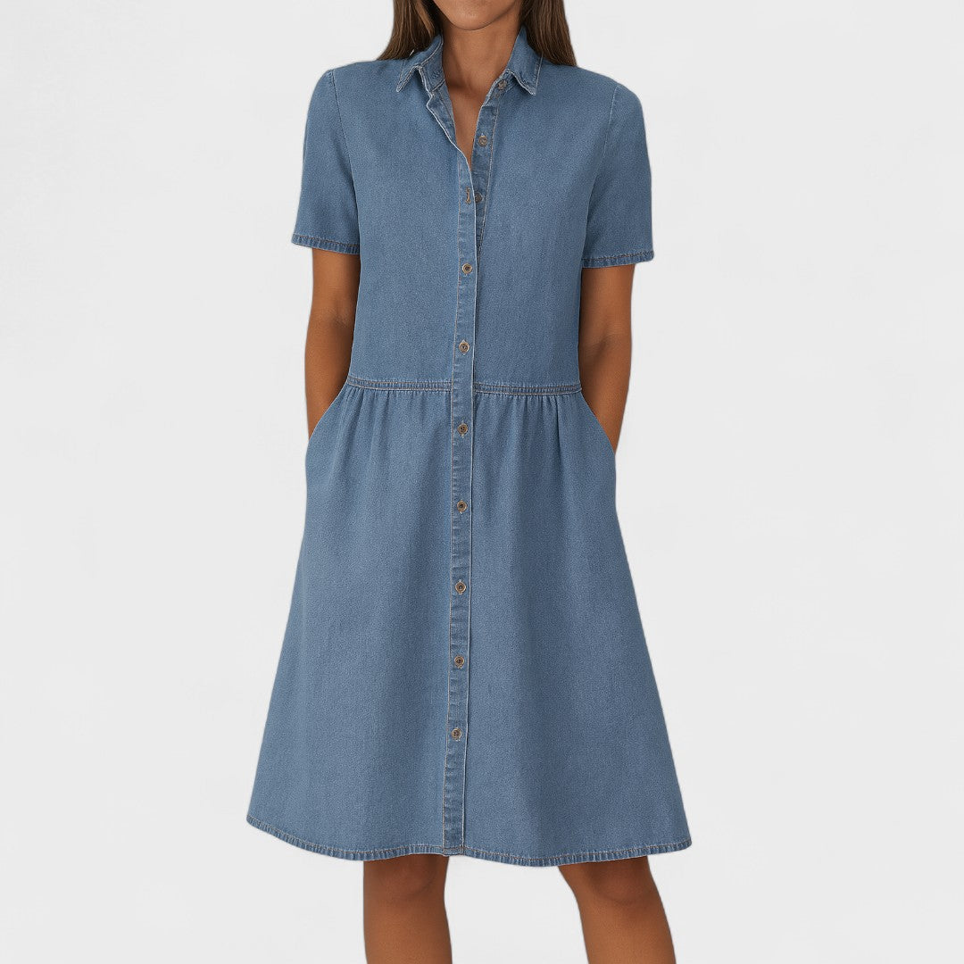 Relaxed washed-blue button-front shirt dress with a laid-back everyday style