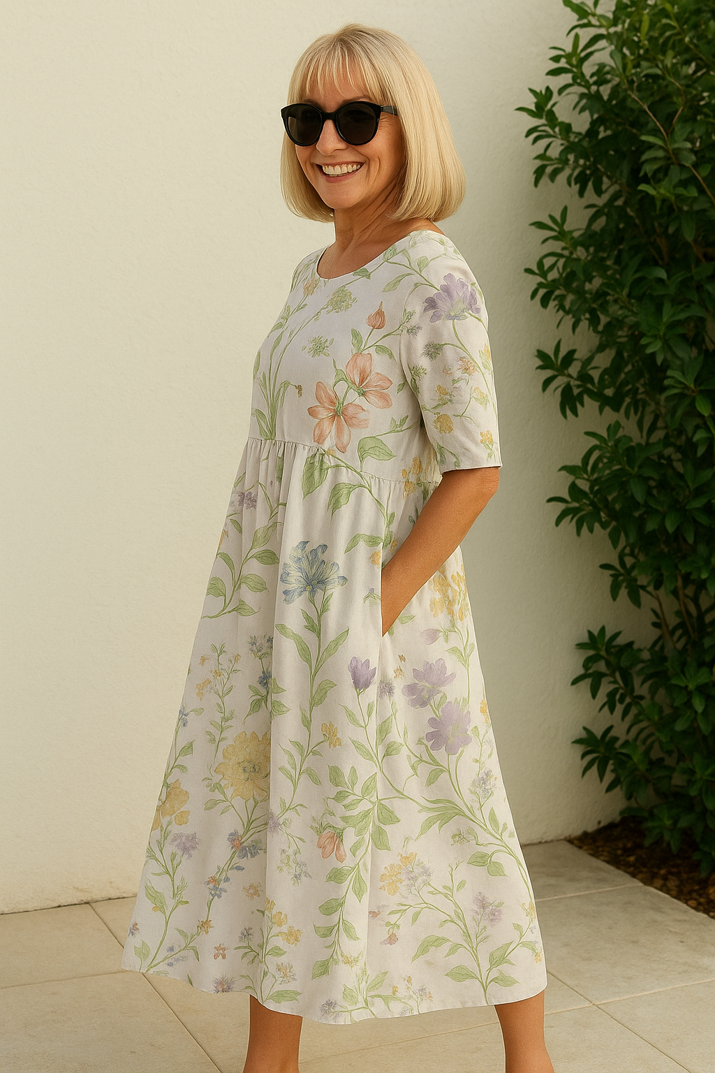 A woman wearing the Una relaxed floral midi dress with an A-line skirt, out for a daytime stroll.