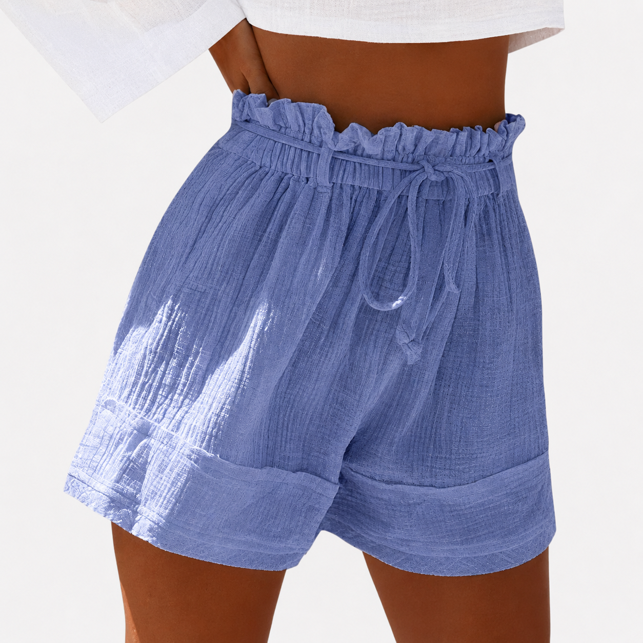 High-waist women's shorts in a range of vibrant colours including purple, orange, and green