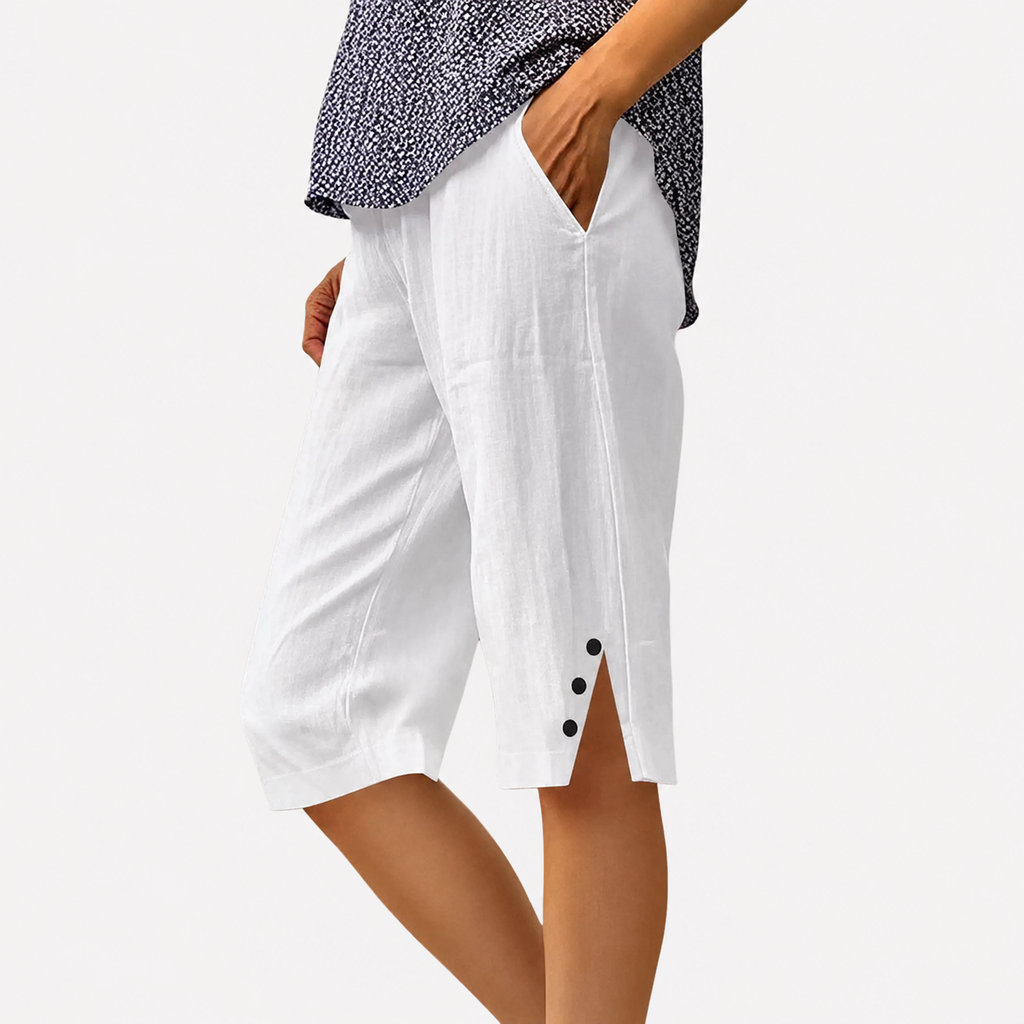 Women's high-waist shorts in dark khaki with an elasticated waistband and relaxed leg