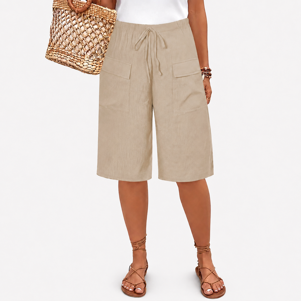 Women's high-waist shorts in terracotta with a relaxed leg and elasticated waistband