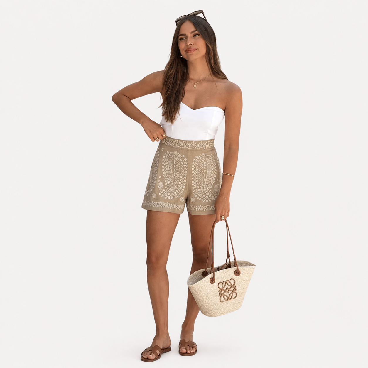 High-waist women's Bermuda shorts in warm beige