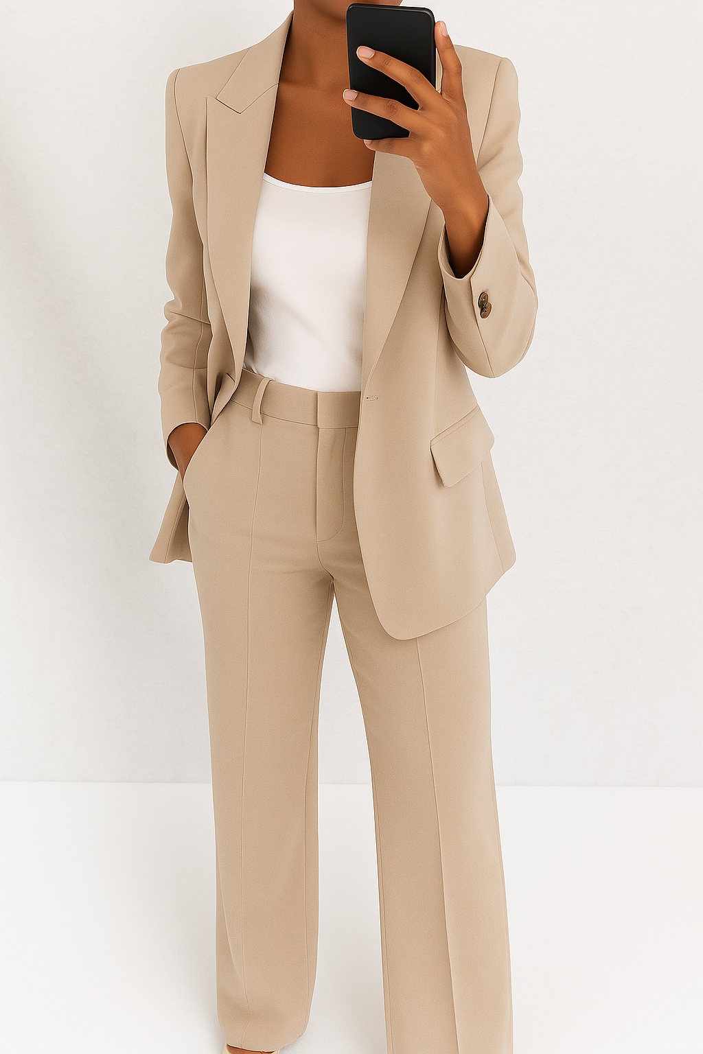 A woman wearing a tailored slim-fit blazer with matching trousers.
