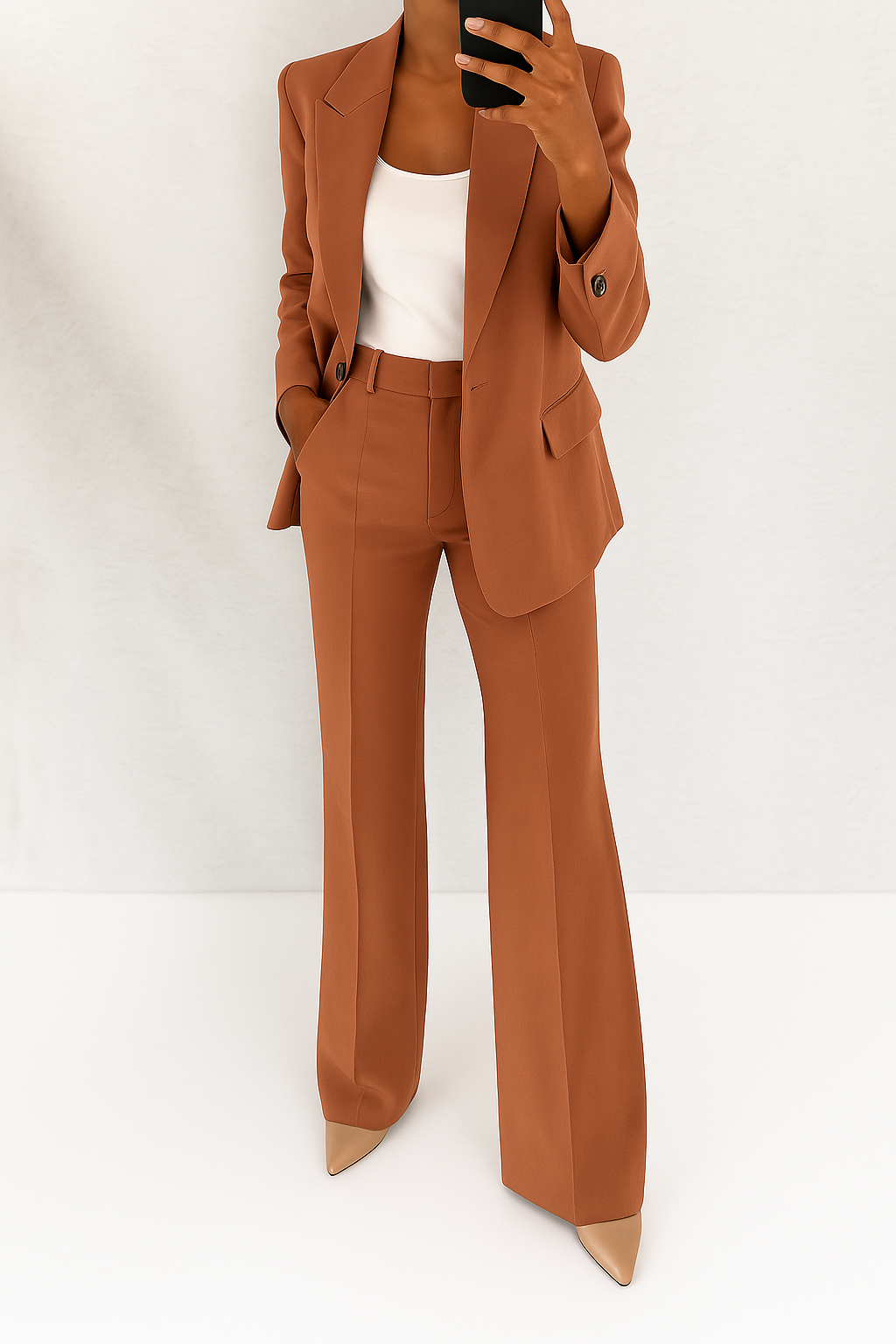 Women's tailored blazer and trouser suit set in navy blue with a clean, structured silhouette