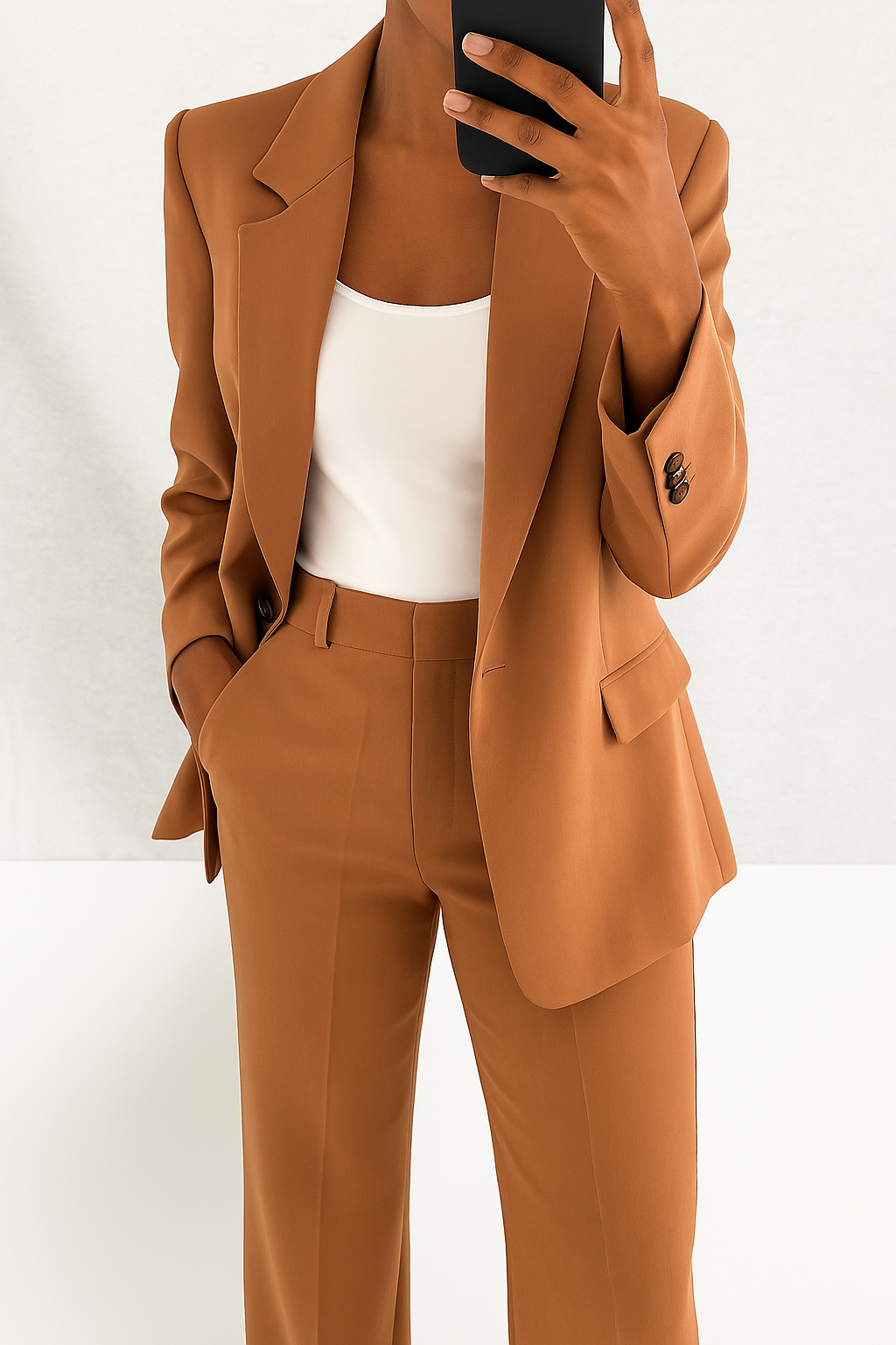 A woman wearing a tailored slim-fit blazer with matching trousers.