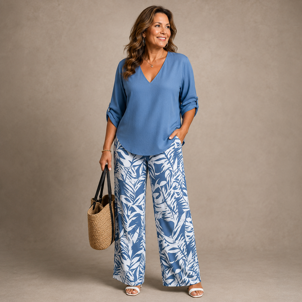 Liwia™ | V-Neck Top and Printed Trousers