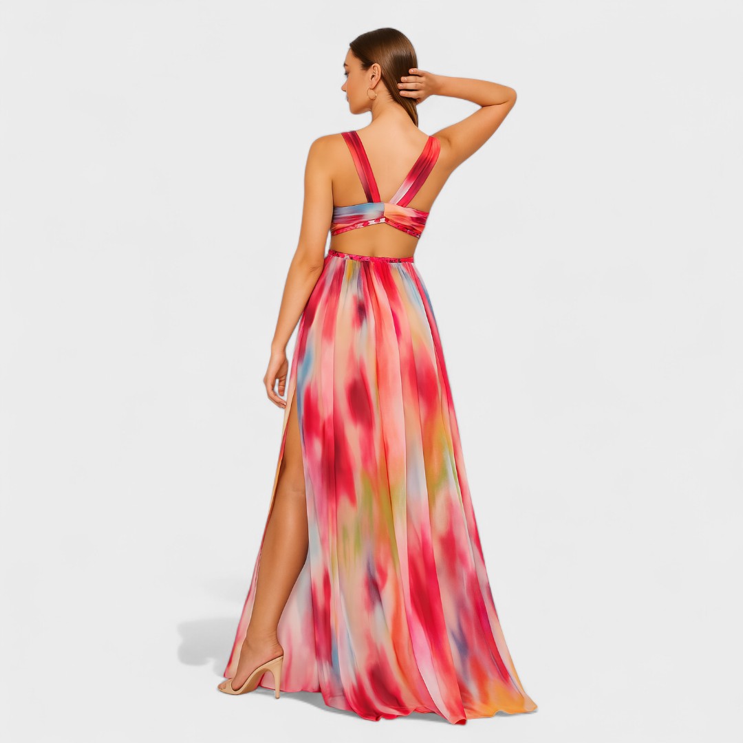 A fluid printed summer dress in a vibrant artistic pattern, styled for an outdoor occasion