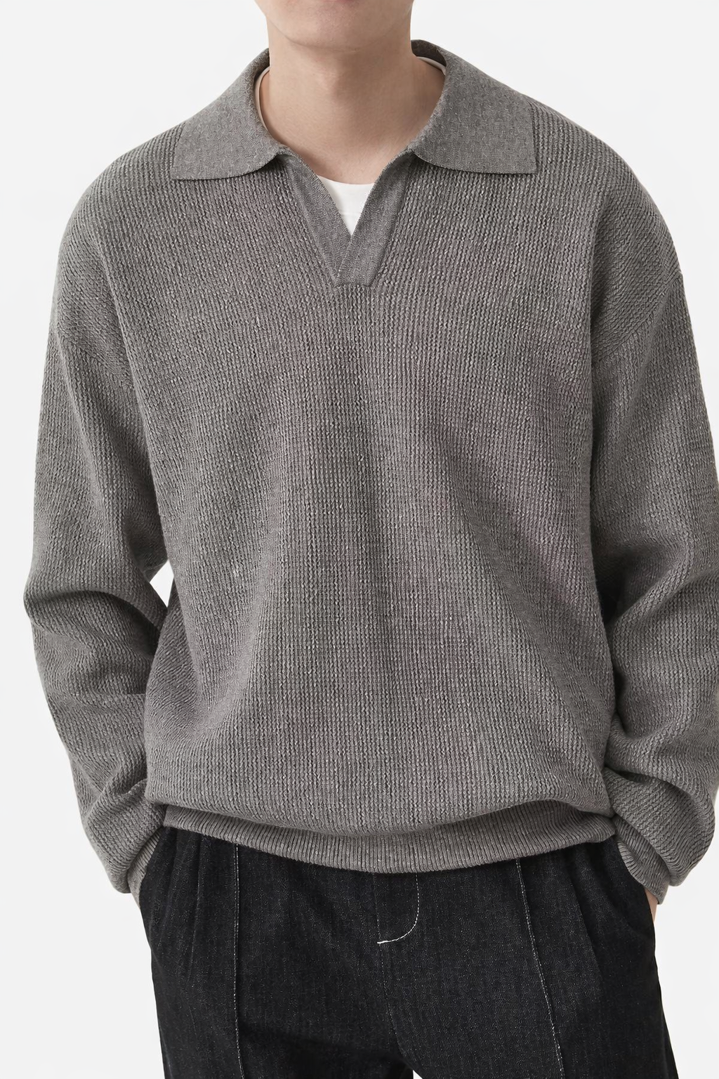 Men's grey half-zip polo-neck jumper with ribbed cuffs and a clean modern silhouette