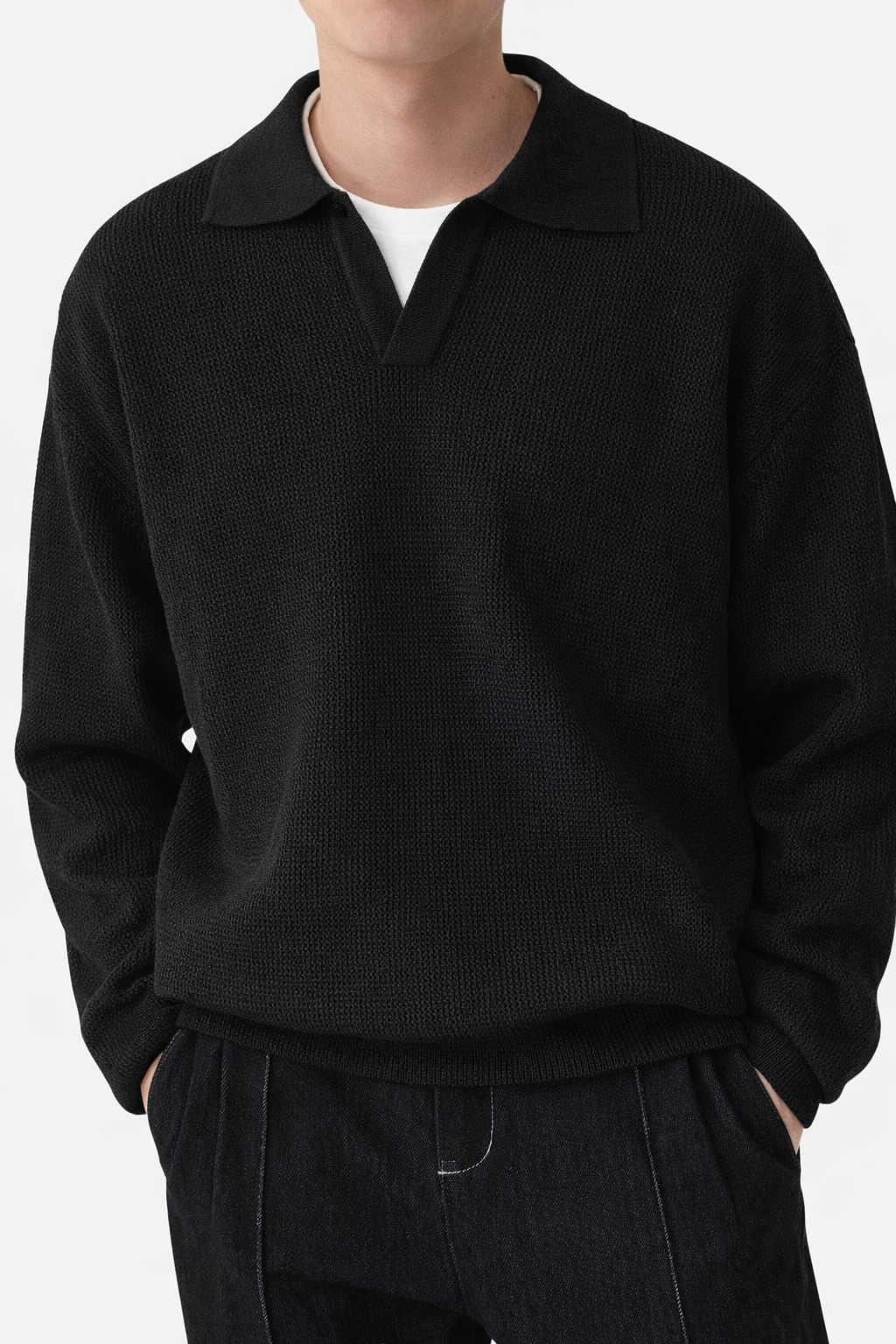 Men's grey half-zip polo-neck jumper with ribbed cuffs and a clean modern silhouette