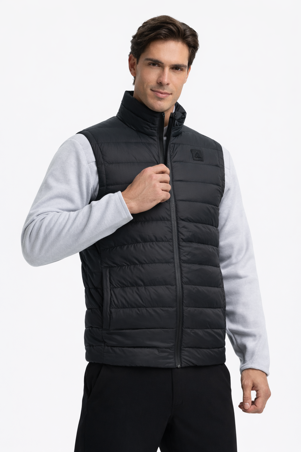 Men's black quilted gilet with front zip and clean structured fit