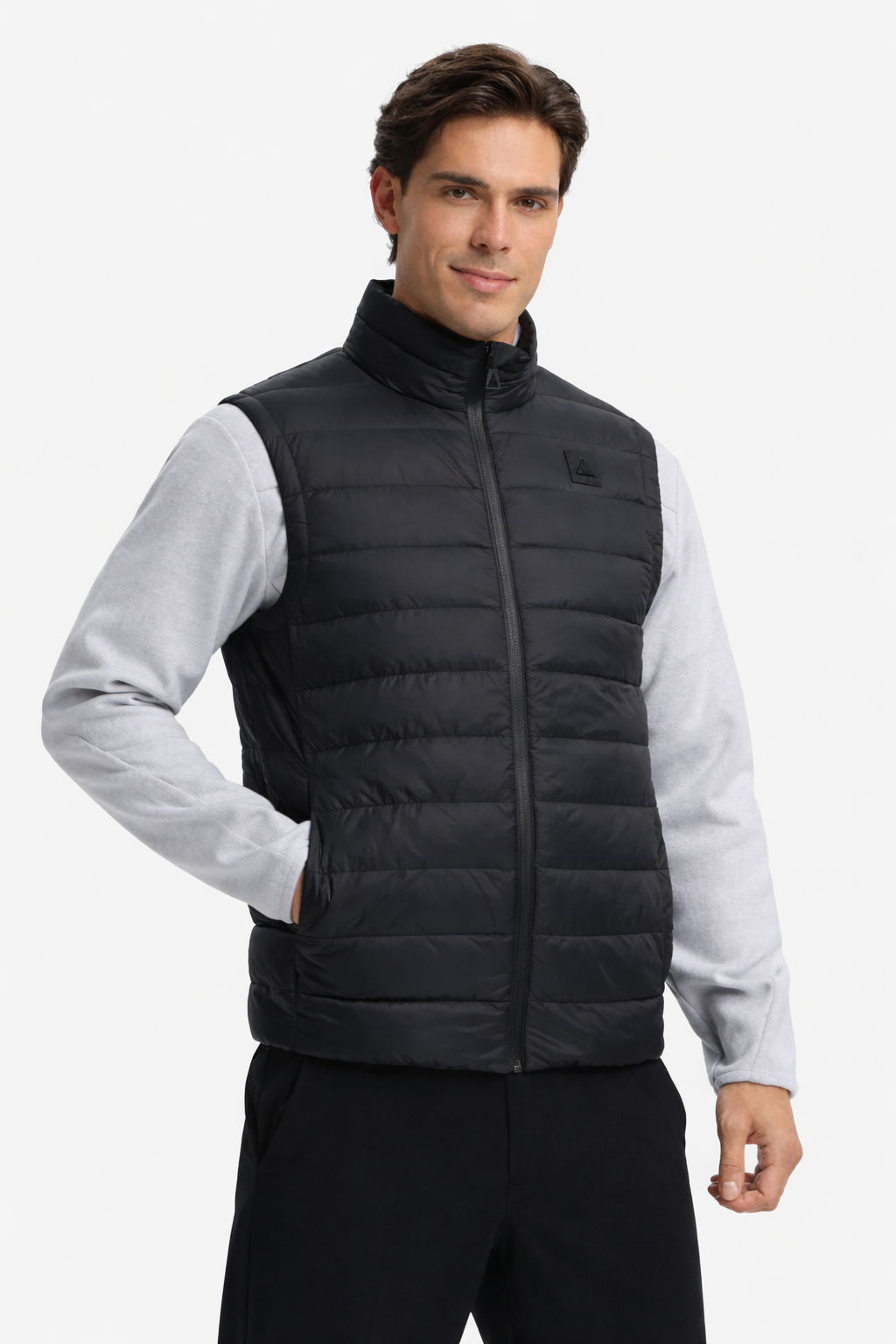 Men's black quilted gilet with front zip and clean structured fit
