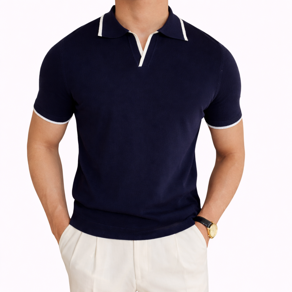 Men's V-neck polo shirt in navy with clean lines and a neat, balanced fit