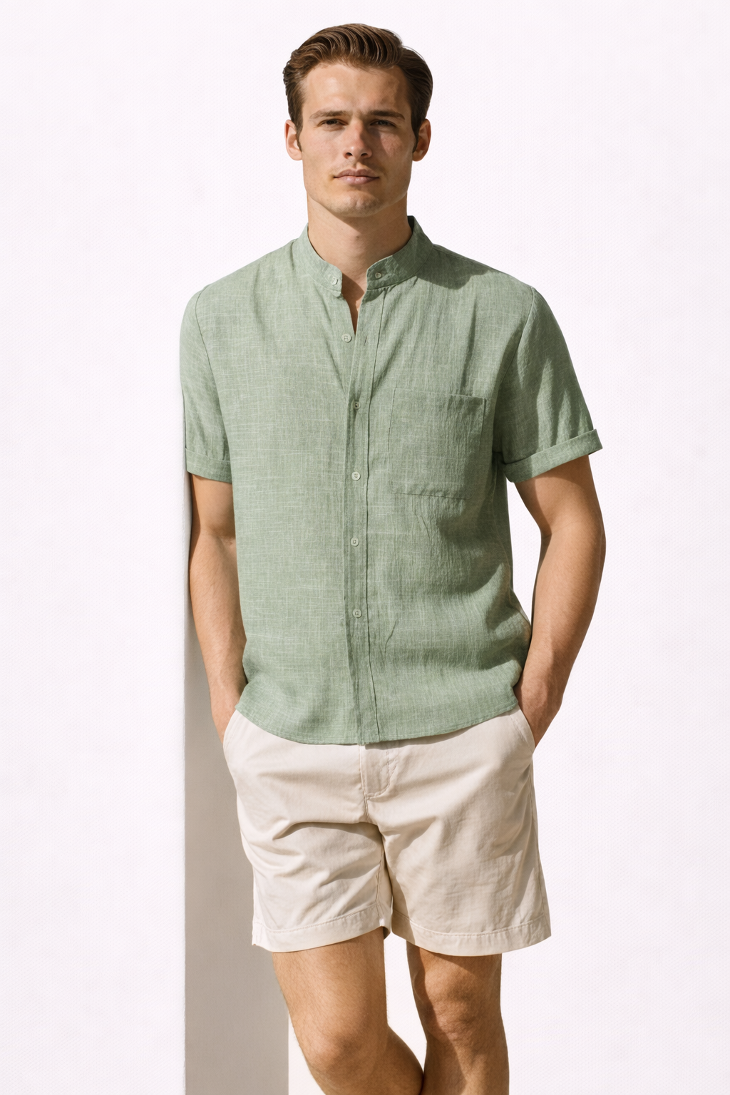 Men's relaxed-fit shirt with a mandarin collar in a neutral tone and subtle texture