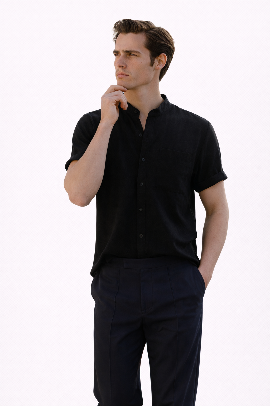 Men's relaxed-fit shirt with a mandarin collar in a neutral tone and subtle texture