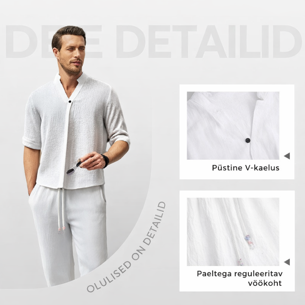 Men's coastal two-piece matching set in navy with a relaxed wide-leg cut and textured finish
