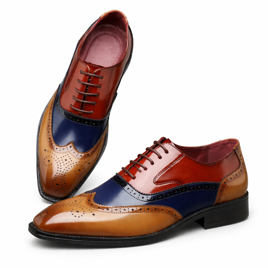 Men's multicolour brogue shoes with classic perforated detailing and contrasting panel colourways