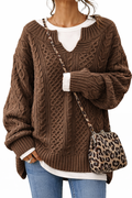Beige cable knit v-neck jumper with classic textured pattern and relaxed fit