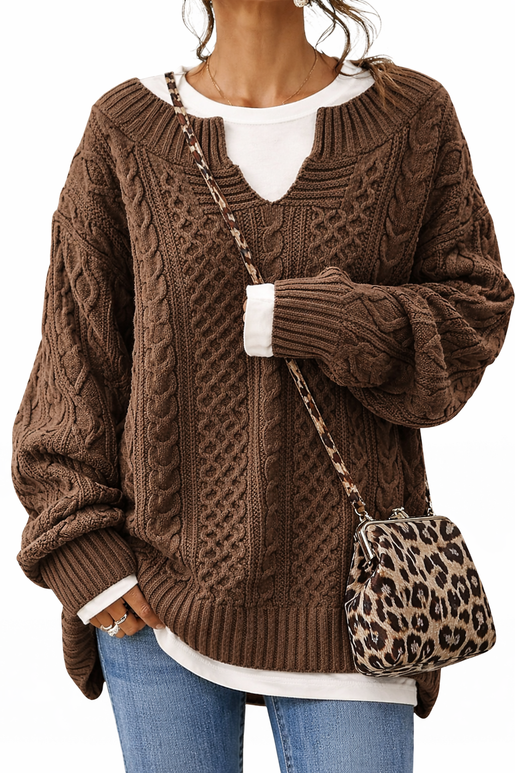 Beige cable knit v-neck jumper with classic textured pattern and relaxed fit