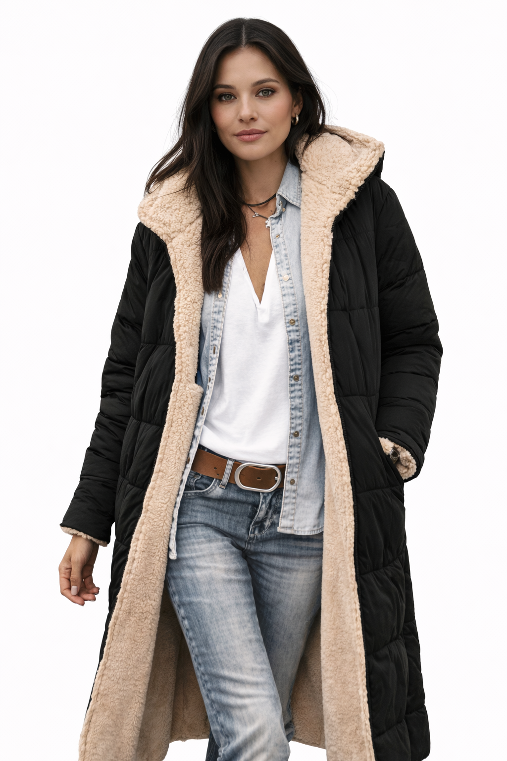 Brushed-lined winter coat in black, dark blue and khaki green with a modern relaxed silhouette