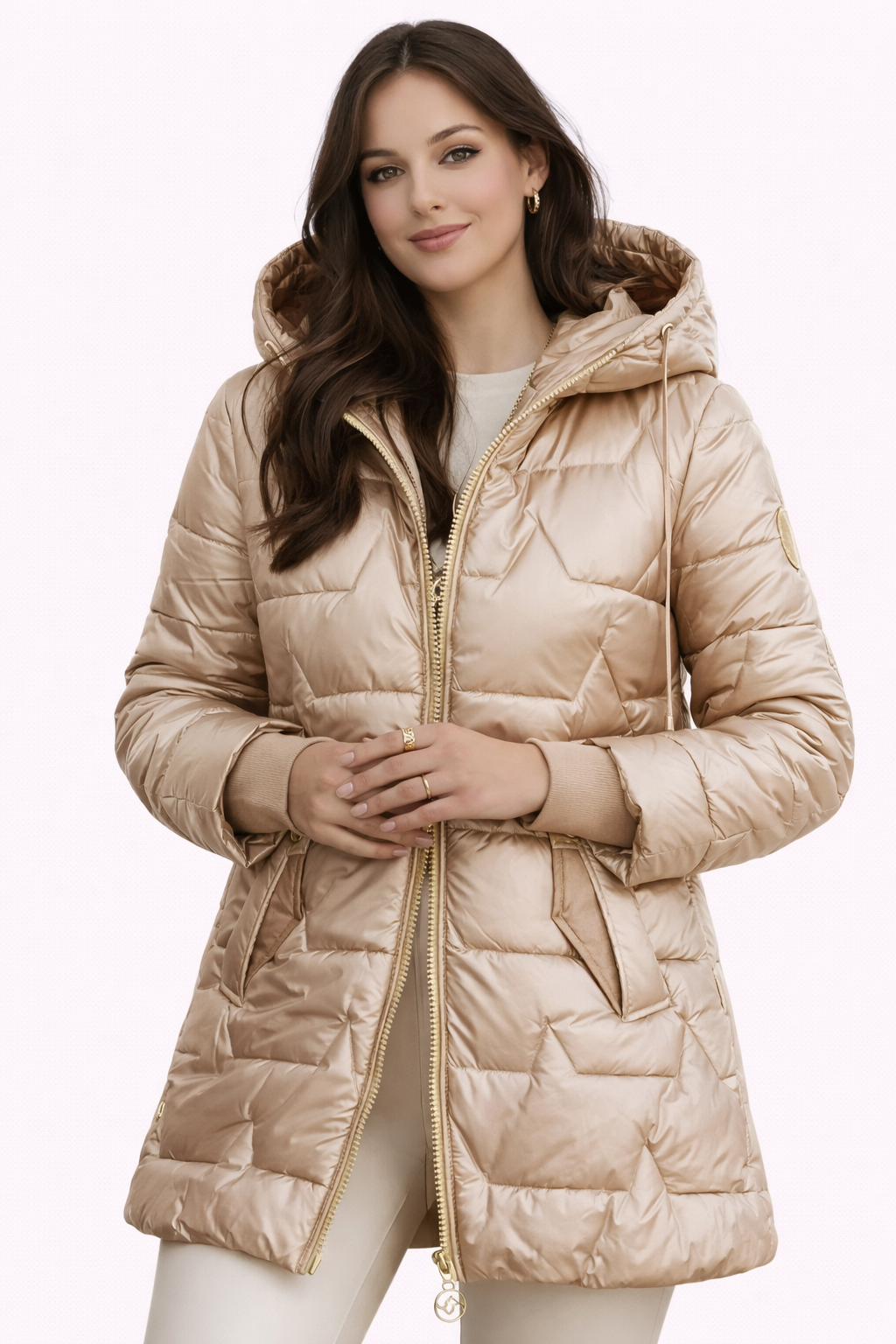 Elegant hooded jacket in beige with a warm lining and tailored silhouette