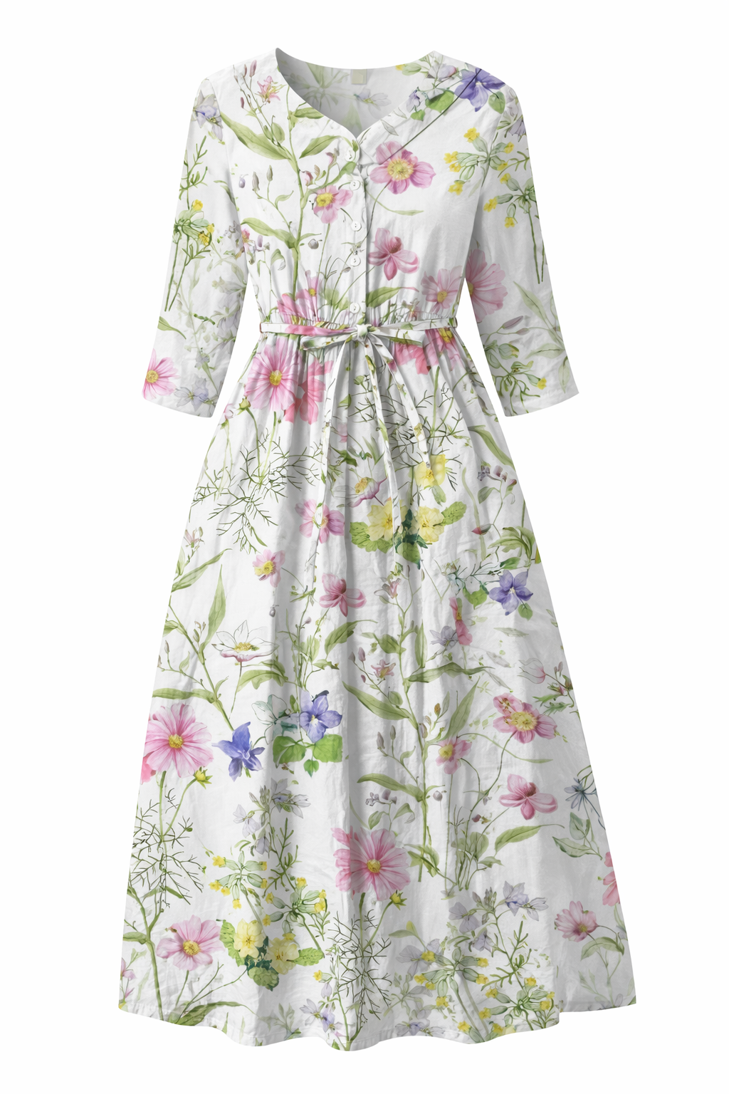 A woman wearing a floaty floral midi dress with an adjustable waist tie in a romantic print