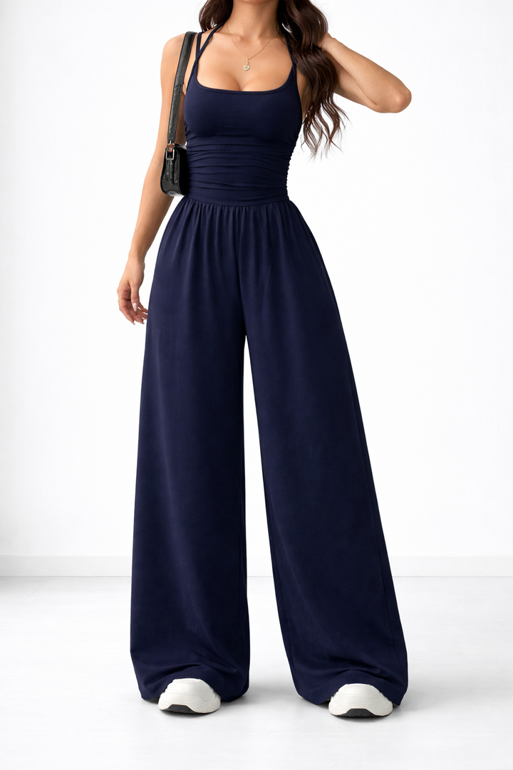 Wide-leg jumpsuit in black, also available in navy, brown, burgundy and light grey, with a gently shaped waist