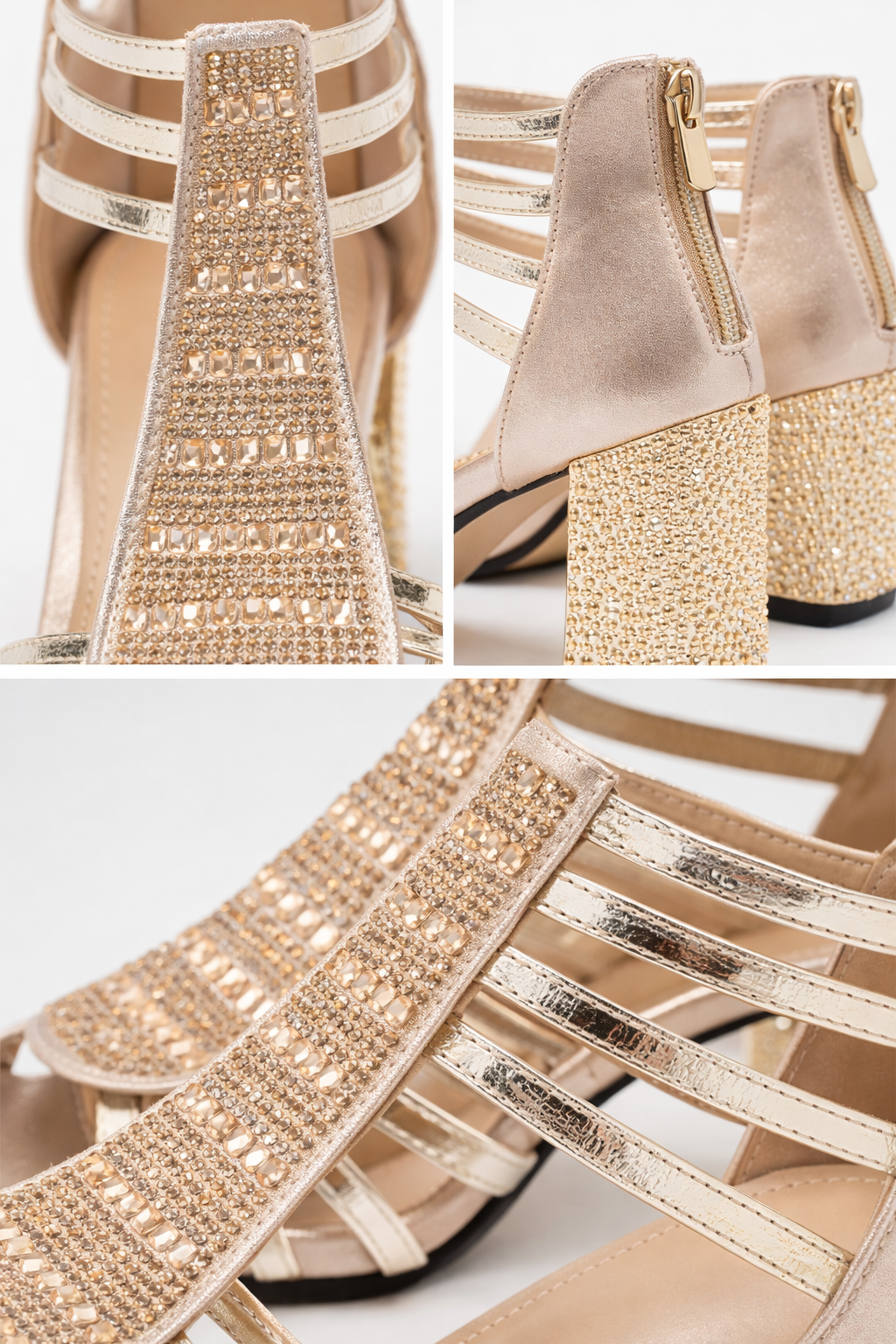 Embellished glamour heels in gold and silver with detailed decorative finish