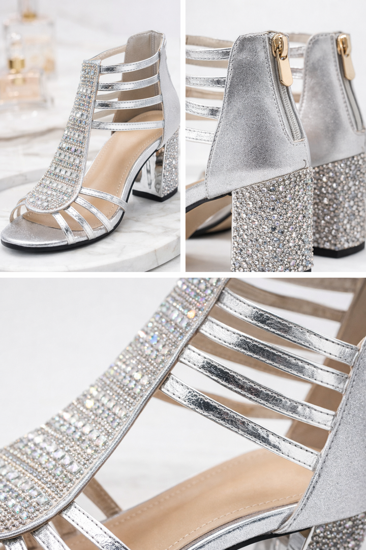 Embellished glamour heels in gold and silver with detailed decorative finish