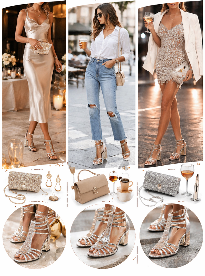 Women's gold metallic evening heels with decorative detail and a sleek, elegant silhouette
