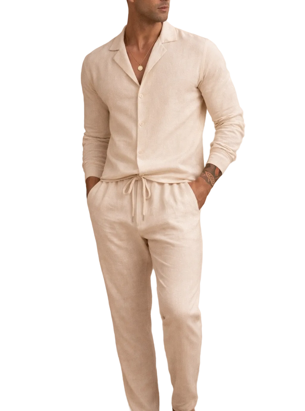 Men's summer two-piece set in beige, available in khaki, white and black, with a relaxed cut and light feel