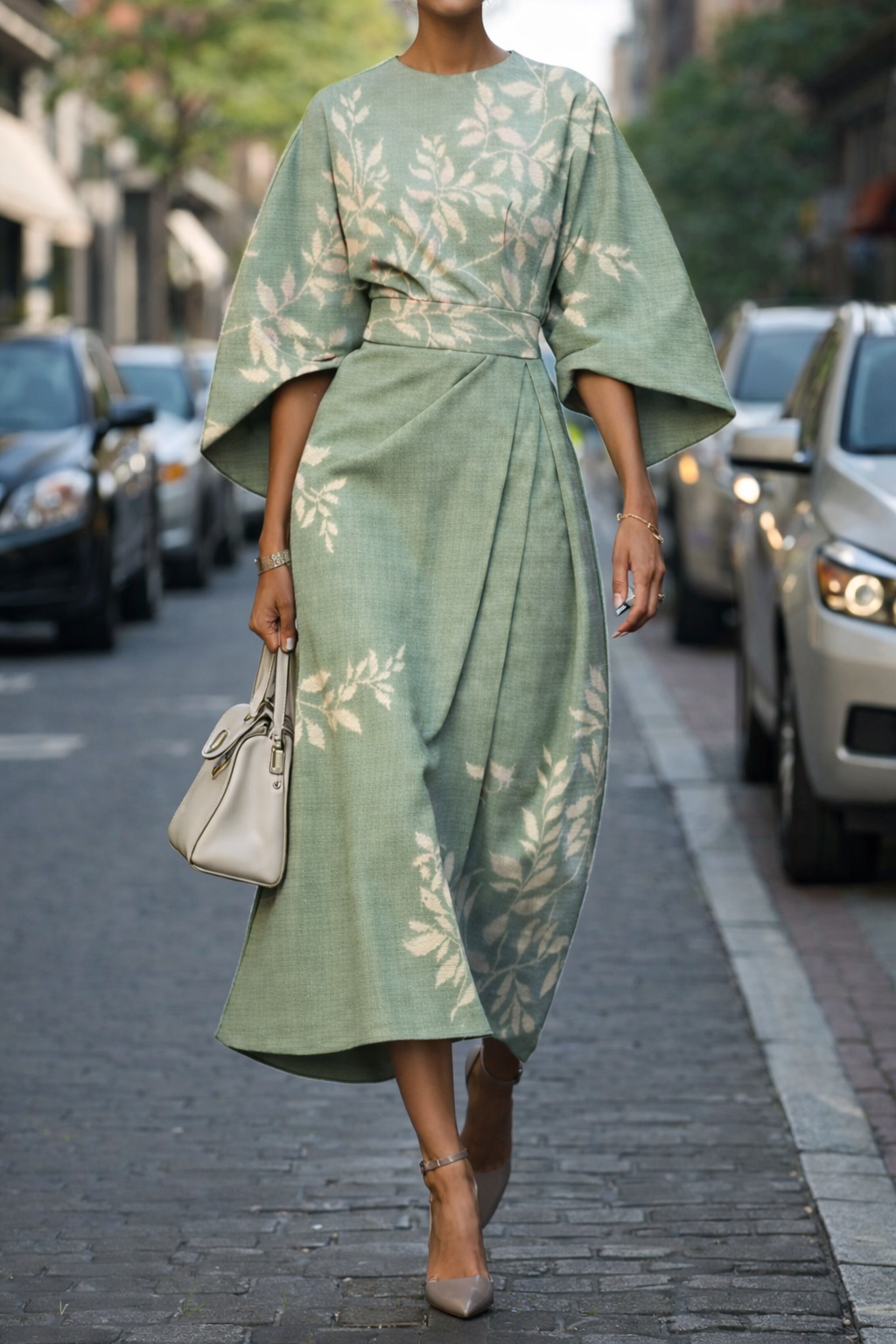 Floaty floral-print dress in multicolour, also available in blue, pink and green, with wide sleeves and a nipped waist