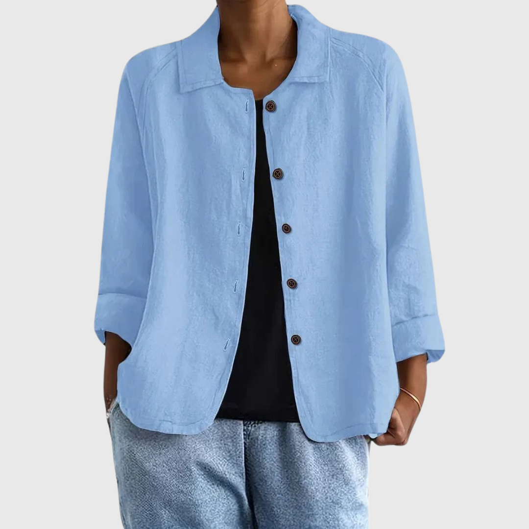 Women's lightweight button jacket in soft dusty blue with a relaxed, open silhouette