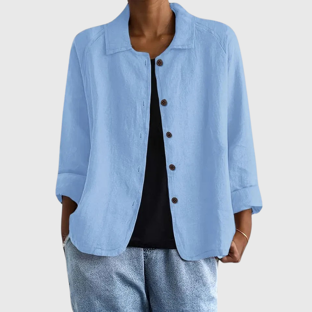 Light blue women's lightweight spring jacket with a minimal, elegant cut