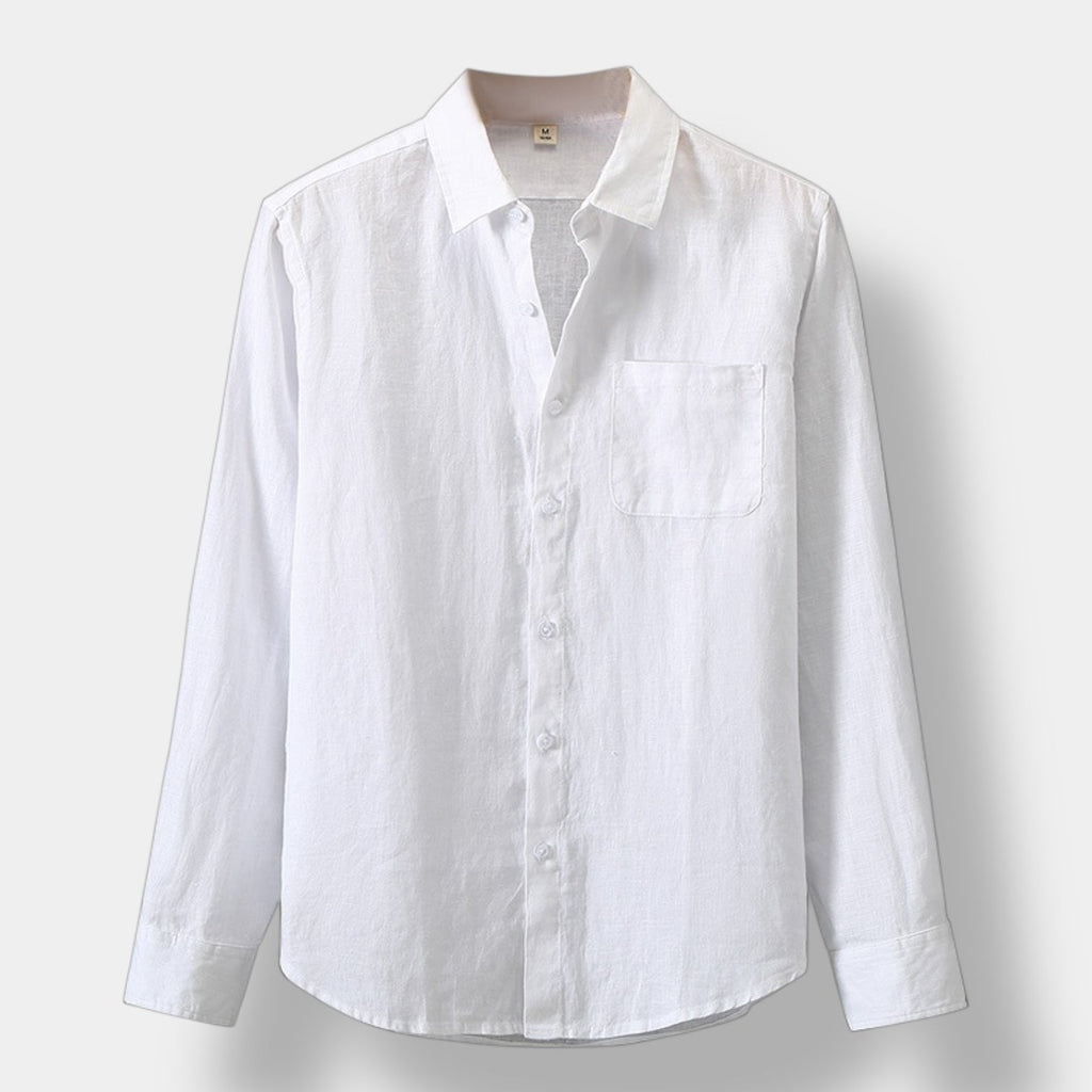 Men's long-sleeve classic shirt in beige with a relaxed fit and left chest pocket