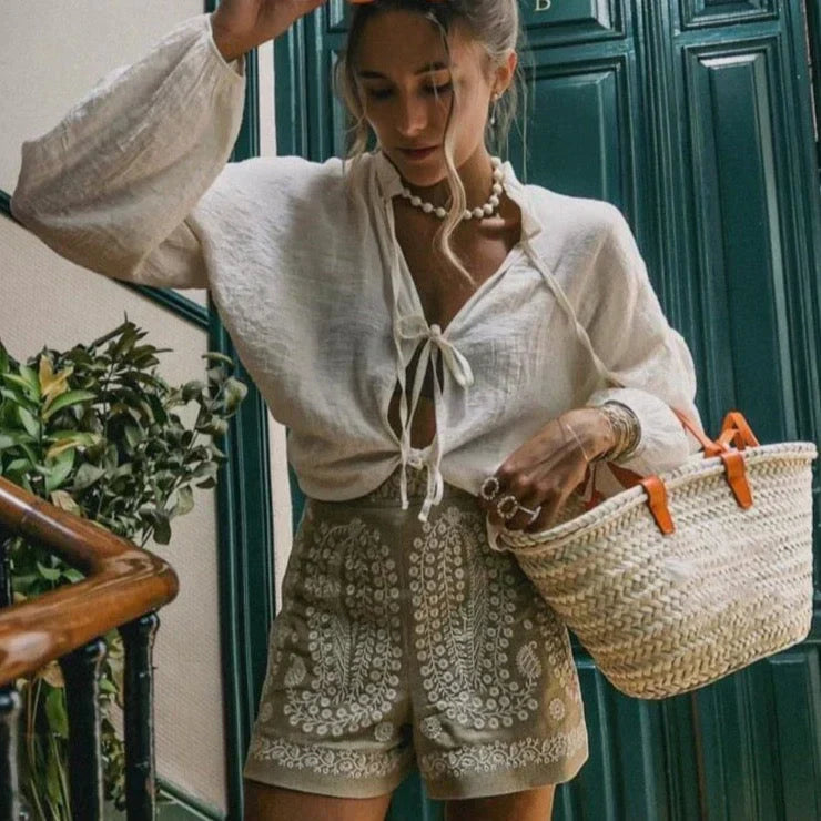 High-waist women's Bermuda shorts in warm beige