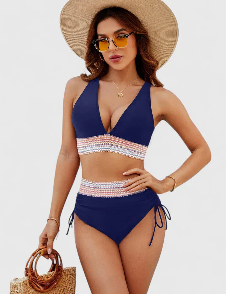 High-waist crossover-top bikini in sage green, light blue, black, dark blue, red and rose