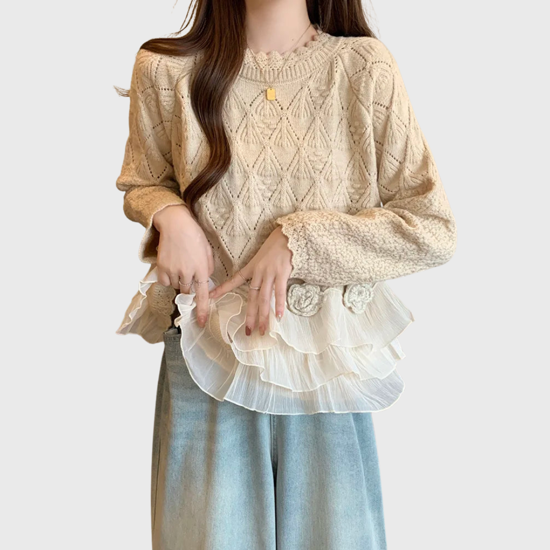 Beige layered jumper with delicate openwork hemline detail and soft drape