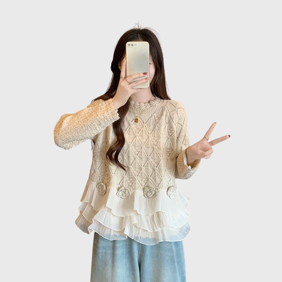 Beige layered jumper with delicate openwork hemline detail and soft drape